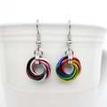 Handmade Progress Pride earrings, small love knot rainbow LGBTQ+ chainmail jewelry, inclusive pride gift