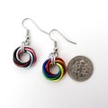 Handmade Progress Pride earrings, small love knot rainbow LGBTQ+ chainmail jewelry, inclusive pride gift