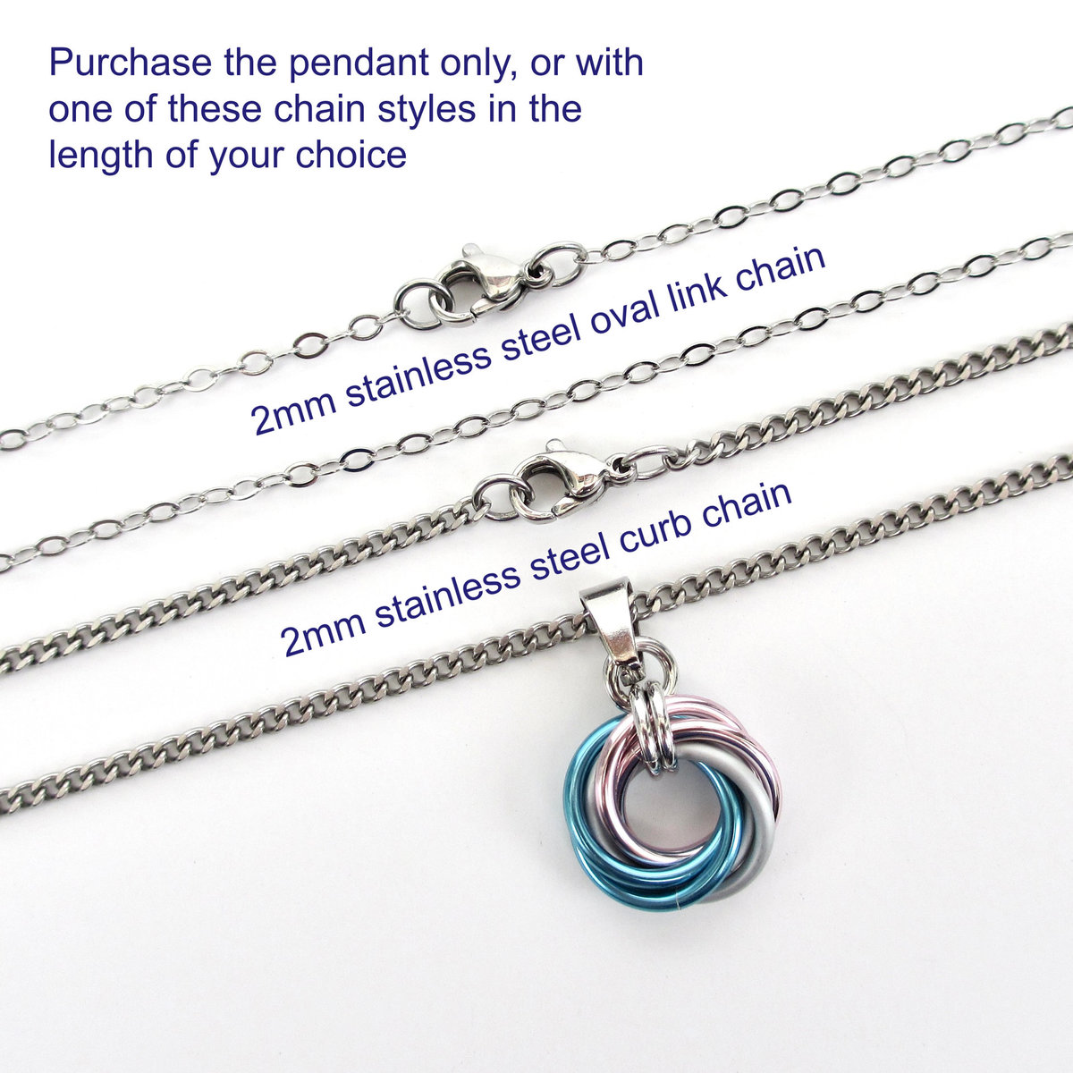 Transgender pride pendant necklace, chainmail love knot, trans pride jewelry, pink white blue