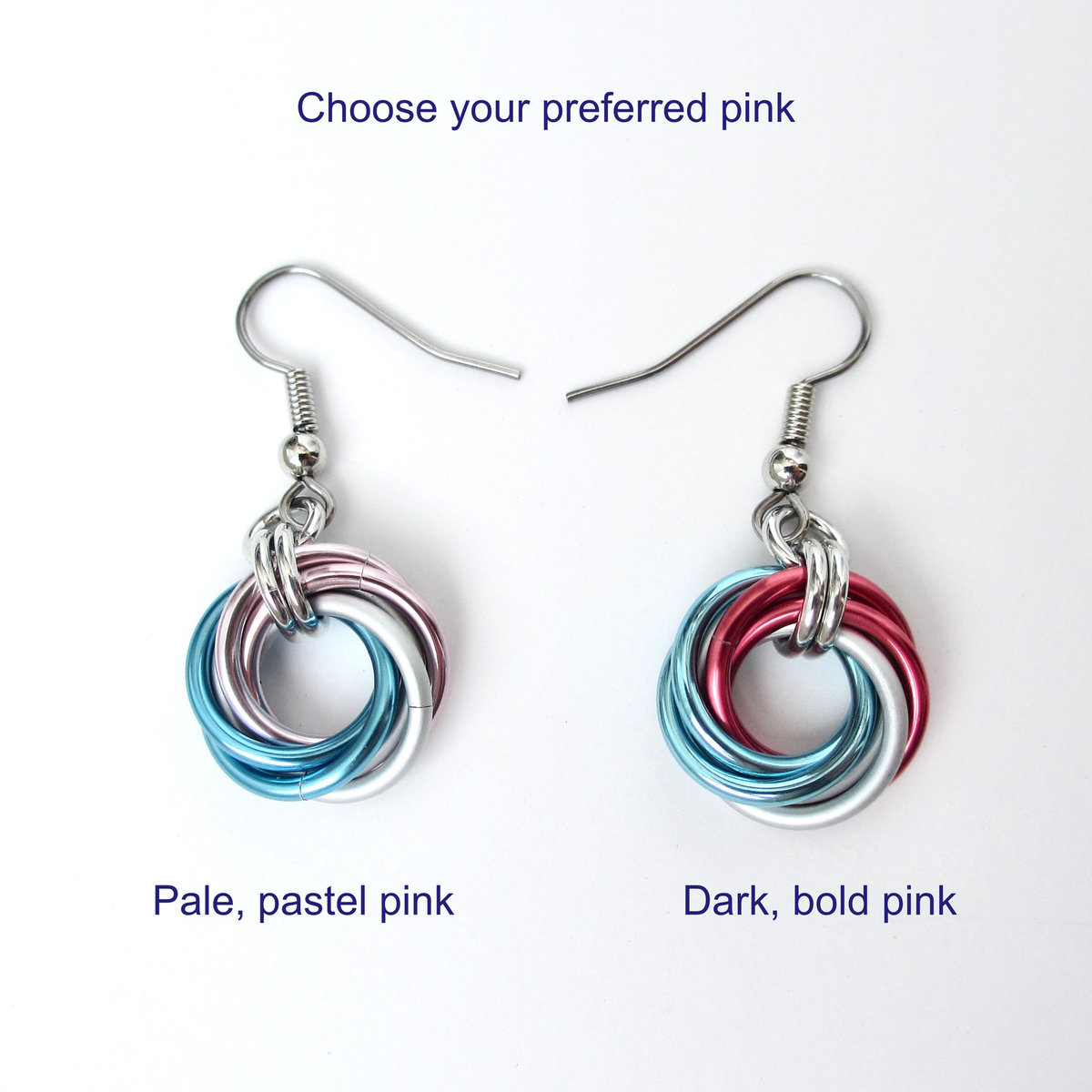 Transgender pride earrings, handmade love knot chainmail trans pride jewelry, choose light or dark pink
