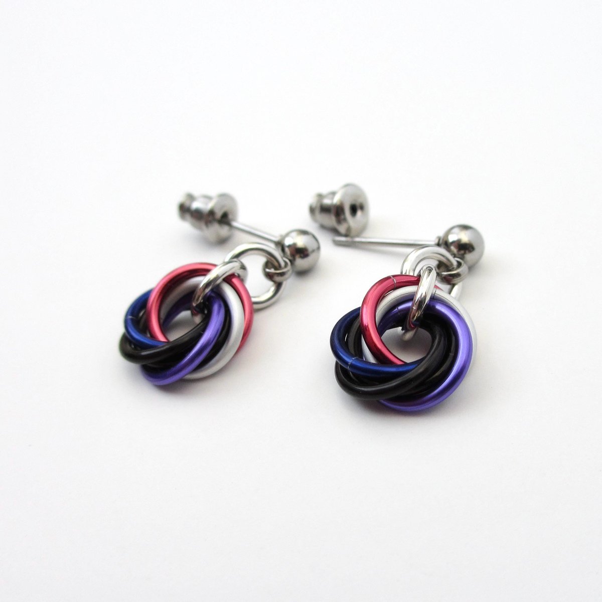 Tiny genderfluid pride earrings, handmade chainmail love knot LGBTQ+ jewelry, stainless steel studs