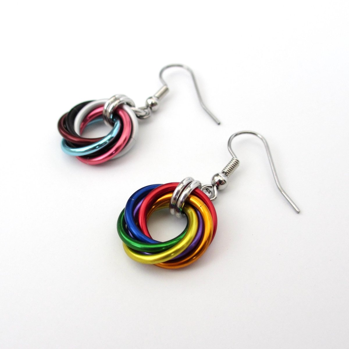 Handmade Progress Pride earrings, small love knot rainbow LGBTQ+ chainmail jewelry, inclusive pride gift