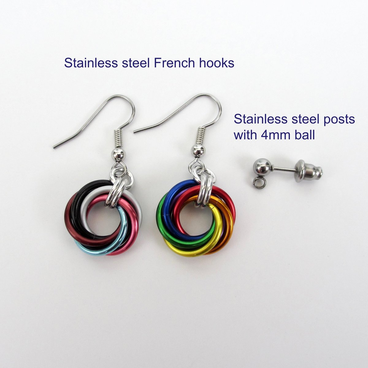 Handmade Progress Pride earrings, small love knot rainbow LGBTQ+ chainmail jewelry, inclusive pride gift