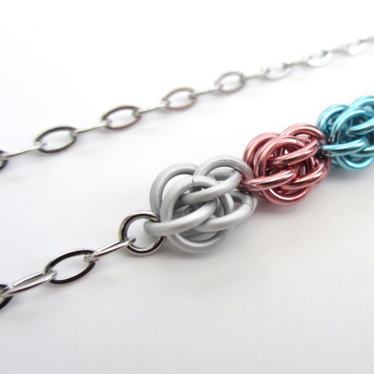 Progress pride necklace, chainmail Sweetpea weave LGBTQ jewelry in rainbow, trans and BIPOC colors, choose your length