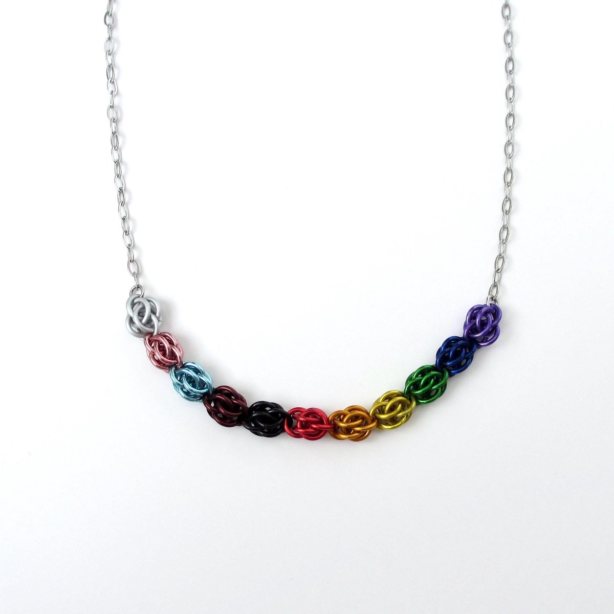 Progress pride necklace, chainmail Sweetpea weave LGBTQ jewelry in rainbow, trans and BIPOC colors, choose your length