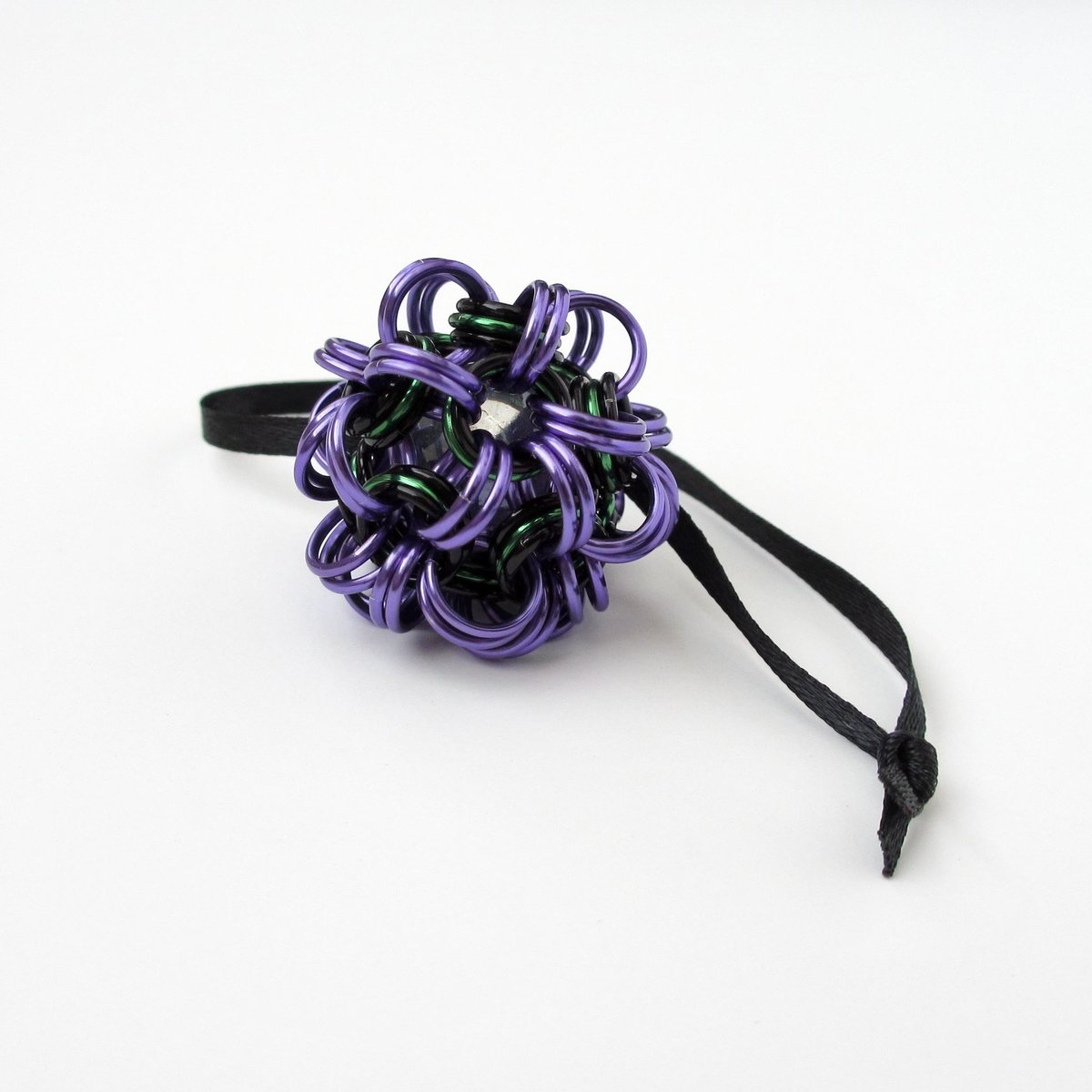 Halloween bag charm or mini ornament, handmade chainmail dodecahedron ball - purple, black, and green seasonal decoration