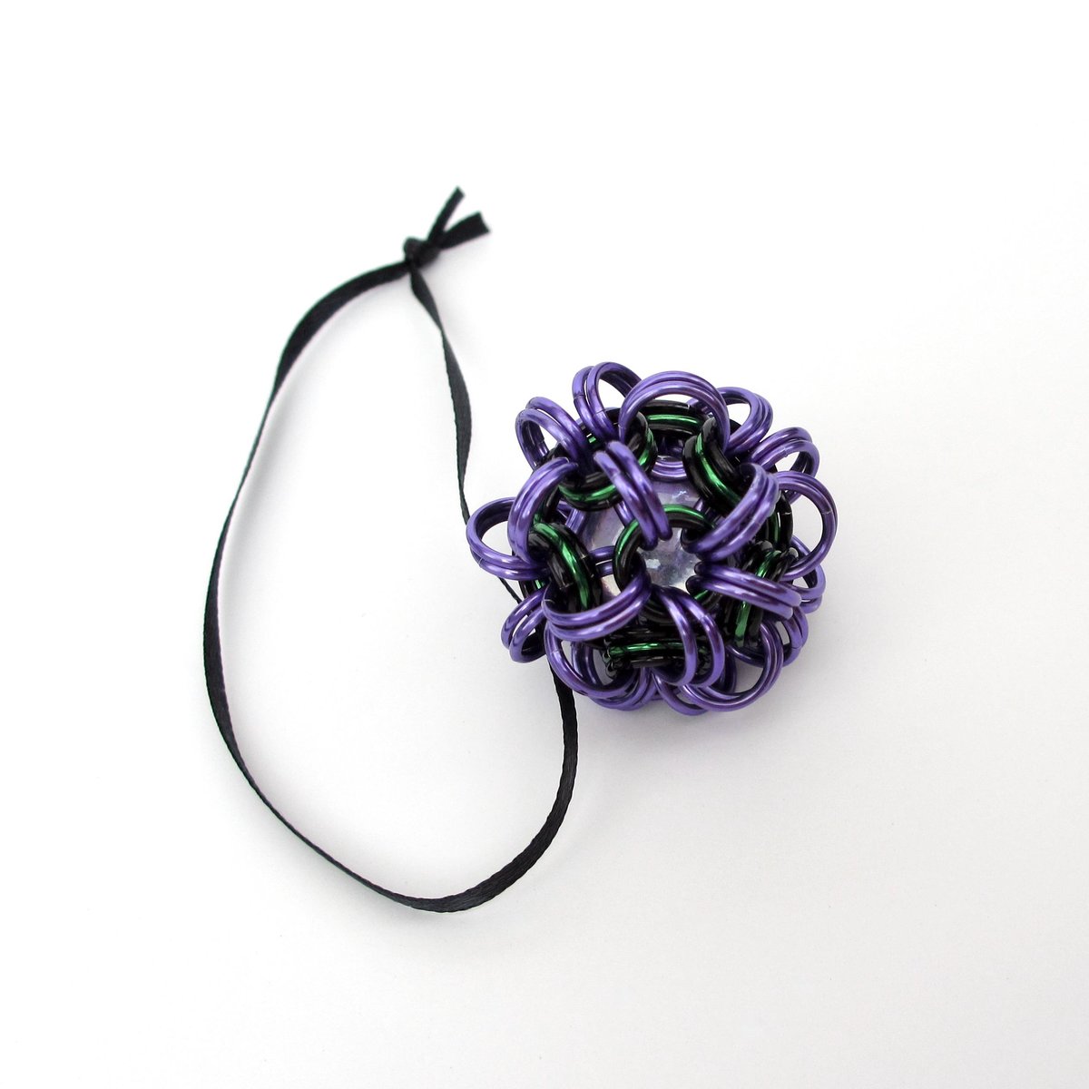 Halloween bag charm or mini ornament, handmade chainmail dodecahedron ball - purple, black, and green seasonal decoration