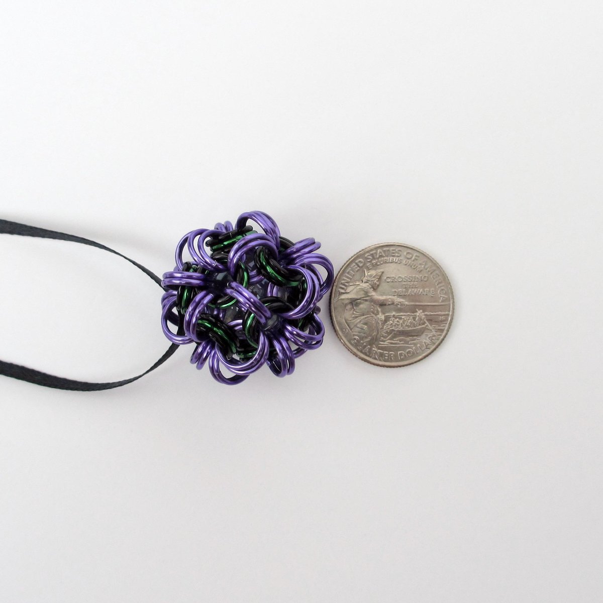 Halloween bag charm or mini ornament, handmade chainmail dodecahedron ball - purple, black, and green seasonal decoration