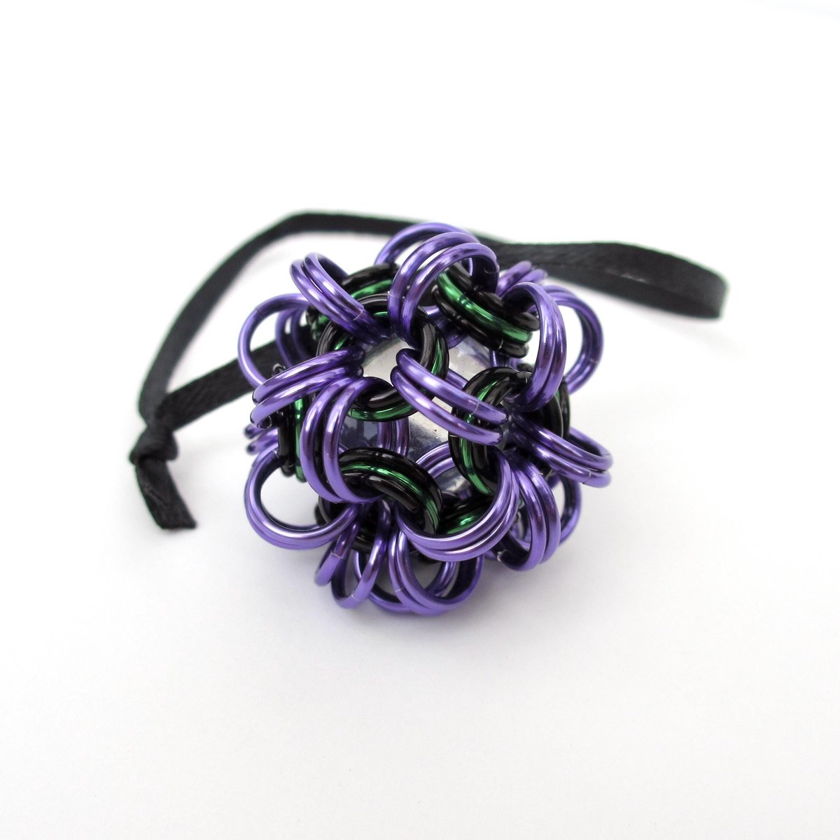 Halloween bag charm or mini ornament, handmade chainmail dodecahedron ball - purple, black, and green seasonal decoration