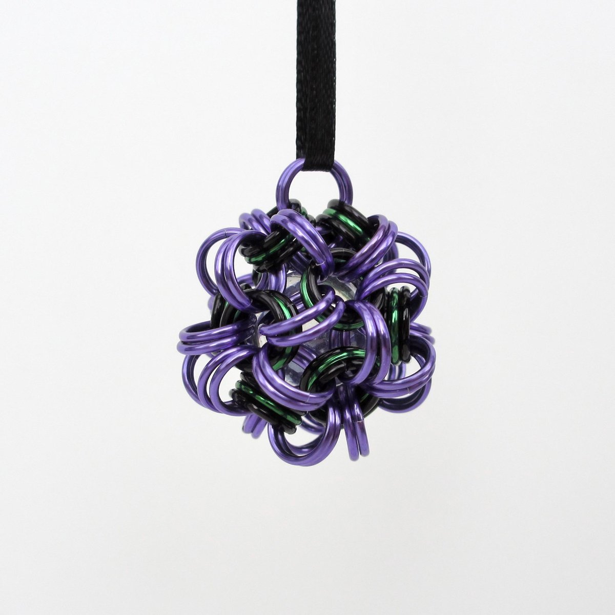 Halloween bag charm or mini ornament, handmade chainmail dodecahedron ball - purple, black, and green seasonal decoration