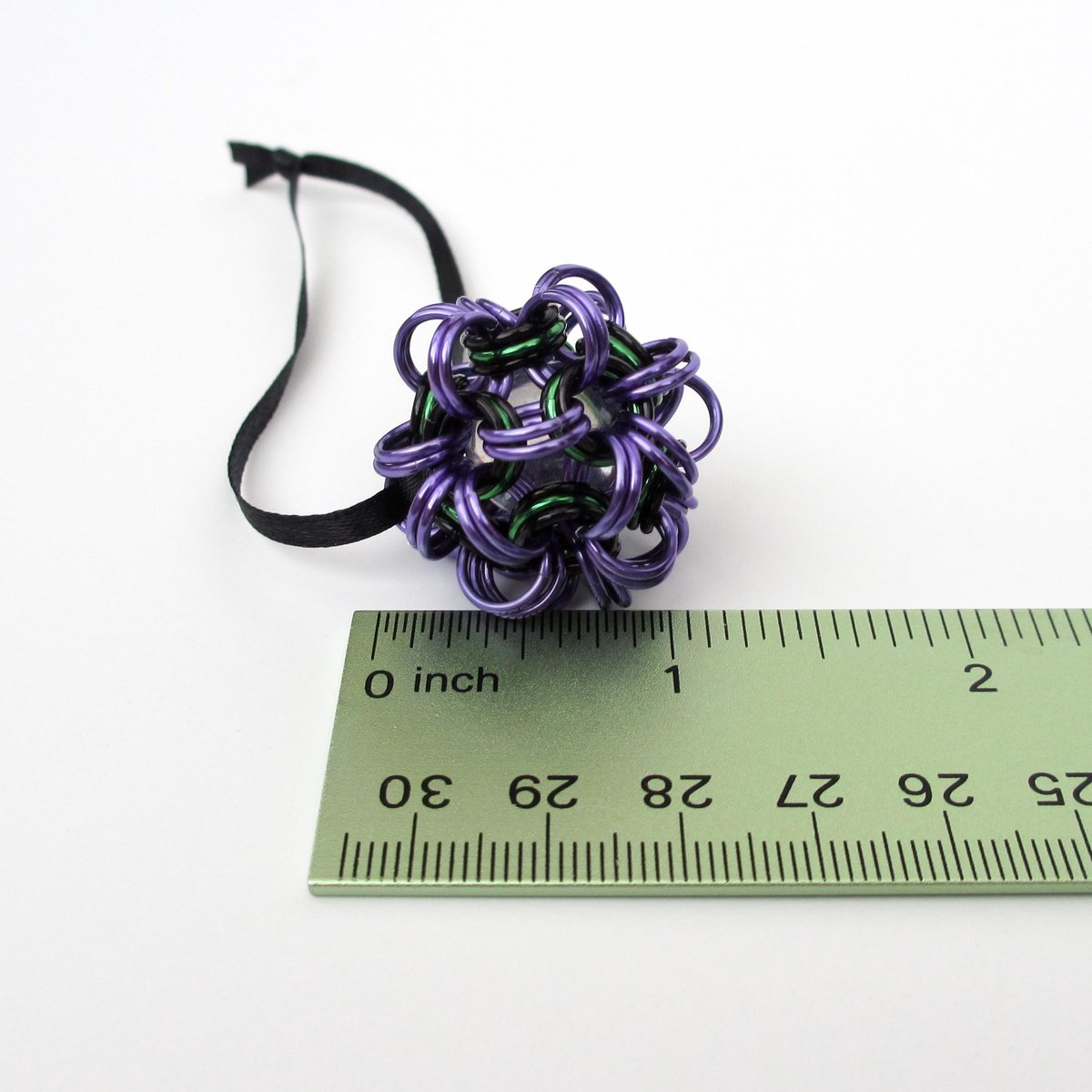 Halloween bag charm or mini ornament, handmade chainmail dodecahedron ball - purple, black, and green seasonal decoration