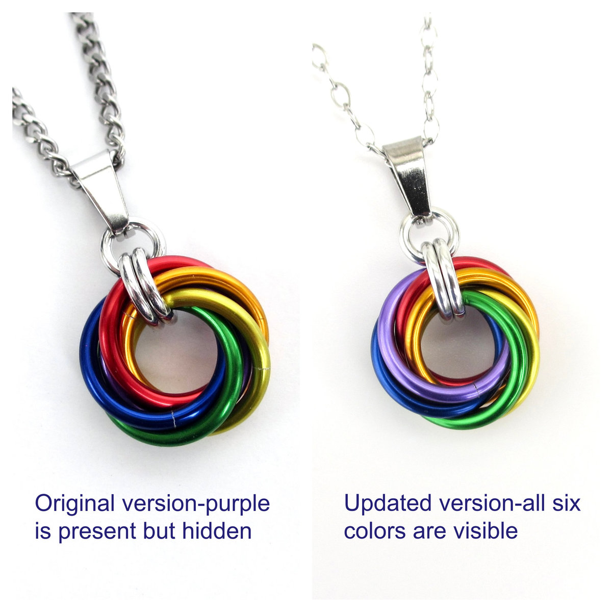 Gay pride pendant necklace, chainmail love knot, rainbow LGBT jewelry