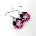 Love knot chainmaille earrings, hot pink and black small circle jewelry