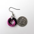 Love knot chainmaille earrings, hot pink and black small circle jewelry