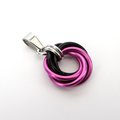 Hot pink and black pendant, chainmail love knot necklace, small, swirled circle minimalist jewelry