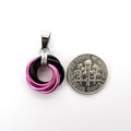 Hot pink and black pendant, chainmail love knot necklace, small, swirled circle minimalist jewelry