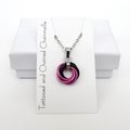 Hot pink and black pendant, chainmail love knot necklace, small, swirled circle minimalist jewelry