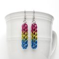 Pansexual pride earrings, LGBTQIA pride jewelry, full Persian chainmail weave; pink, yellow, light blue