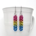 Pansexual pride earrings, LGBTQIA pride jewelry, full Persian chainmail weave; pink, yellow, light blue