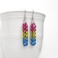 Pansexual pride earrings, LGBTQIA pride jewelry, full Persian chainmail weave; pink, yellow, light blue