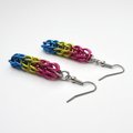 Pansexual pride earrings, LGBTQIA pride jewelry, full Persian chainmail weave; pink, yellow, light blue