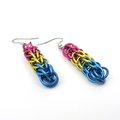 Pansexual pride earrings, LGBTQIA pride jewelry, full Persian chainmail weave; pink, yellow, light blue
