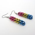 Pansexual pride earrings, LGBTQIA pride jewelry, full Persian chainmail weave; pink, yellow, light blue