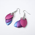 Bisexual pride earrings, handmade bi pride flag jewelry, lightweight chainmail scales; pink purple blue