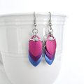 Bisexual pride earrings, handmade bi pride flag jewelry, lightweight chainmail scales; pink purple blue
