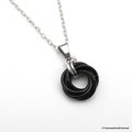 Black love knot pendant, small circle necklace, black chainmail jewelry