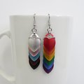 Progress pride flag earrings, mismatched LGBTQIA chainmail scales jewelry, lightweight anodized aluminum