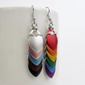 Progress pride flag earrings, mismatched LGBTQIA chainmail scales jewelry, lightweight anodized aluminum