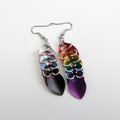 Progress pride flag earrings, mismatched LGBTQIA chainmail scales jewelry, lightweight anodized aluminum