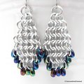 Beaded chainmail earrings, blue iris beads and silver earrings, European 4 in 1 weave chainmail jewelry, tear drop shaped