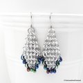 Beaded chainmail earrings, blue iris beads and silver earrings, European 4 in 1 weave chainmail jewelry, tear drop shaped
