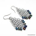Beaded chainmail earrings, blue iris beads and silver earrings, European 4 in 1 weave chainmail jewelry, tear drop shaped