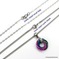 Chainmail pendant necklace; green, violet, and blue love knot pendant for women, peacock color jewelry