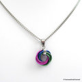 Chainmail pendant necklace; green, violet, and blue love knot pendant for women, peacock color jewelry