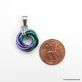 Chainmail love knot pendant, small circle necklace, purple, turquoise, and green jewelry
