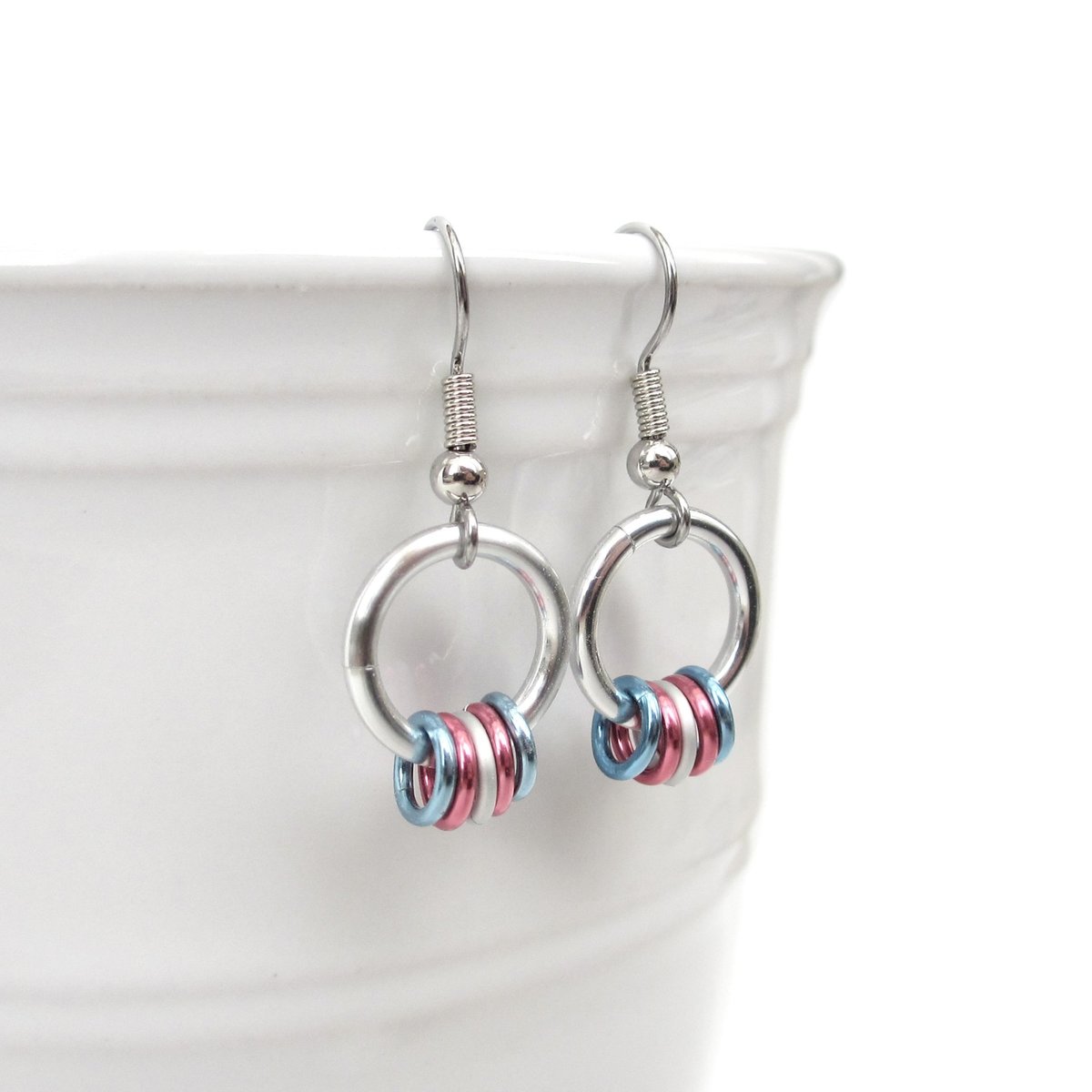 Transgender pride chainmail earrings, subtle LGBTQ pride jewelry; blue, pink, white