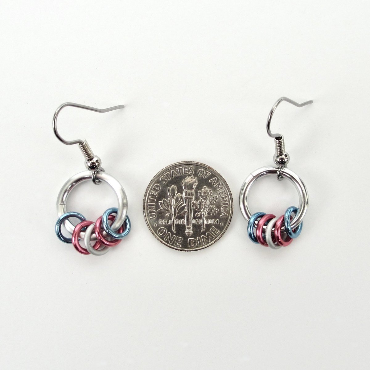 Transgender pride chainmail earrings, subtle LGBTQ pride jewelry; blue, pink, white