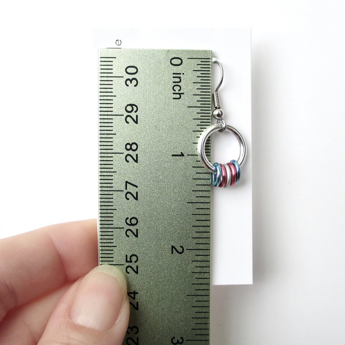 Transgender pride chainmail earrings, subtle LGBTQ pride jewelry; blue, pink, white