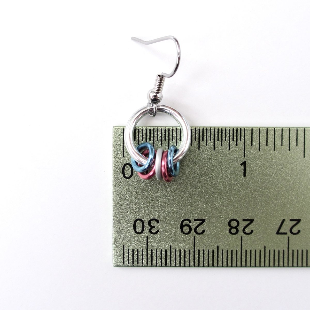 Transgender pride chainmail earrings, subtle LGBTQ pride jewelry; blue, pink, white