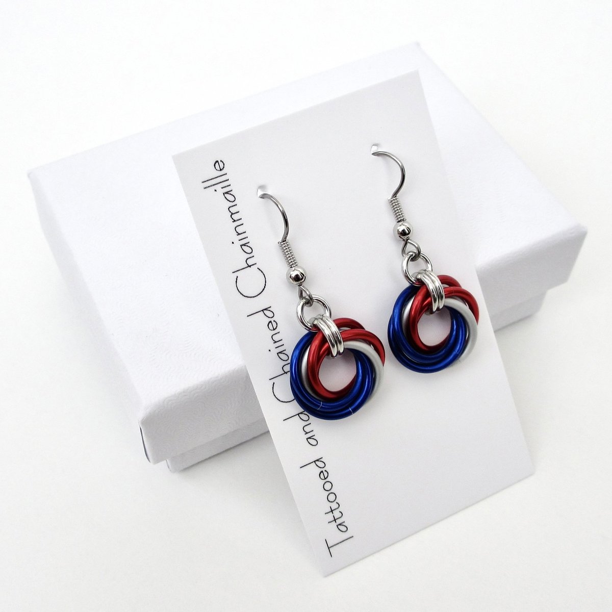 Red, white and blue chainmail Love Knot earrings, American patriotic jewelry