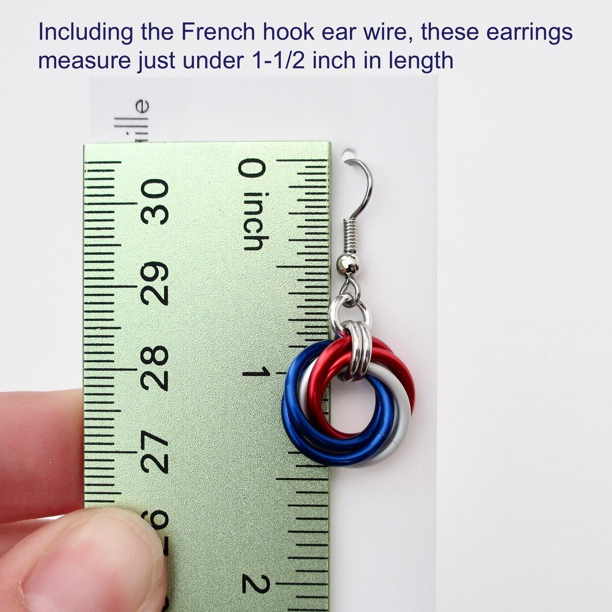 Red, white and blue chainmail Love Knot earrings, American patriotic jewelry