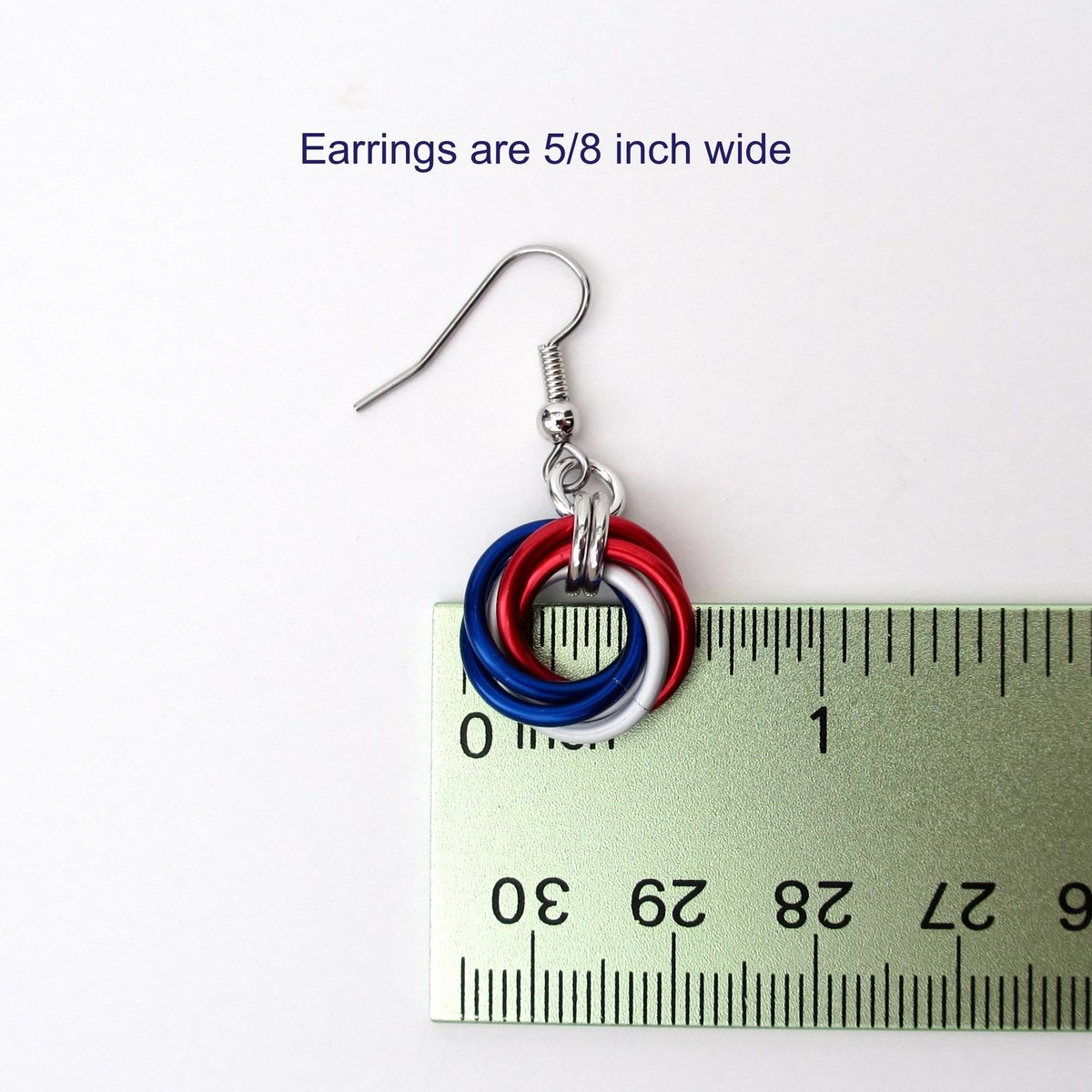 Red, white and blue chainmail Love Knot earrings, American patriotic jewelry