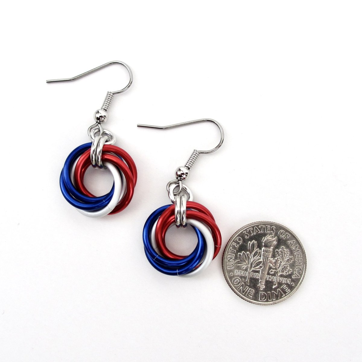 Red, white and blue chainmail Love Knot earrings, American patriotic jewelry