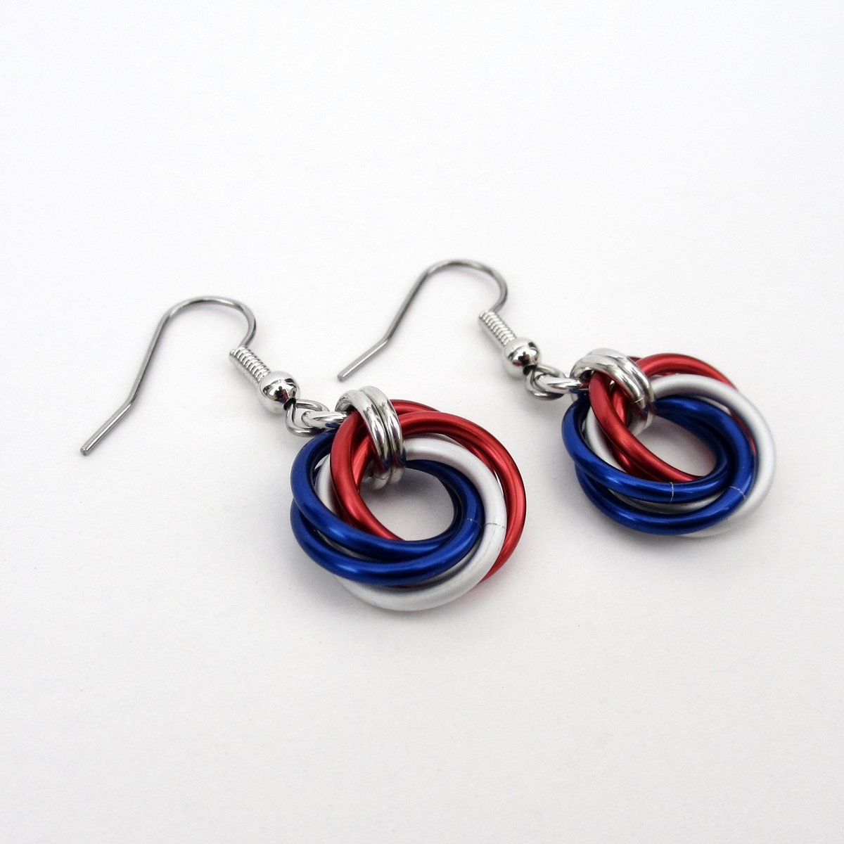 Red, white and blue chainmail Love Knot earrings, American patriotic jewelry