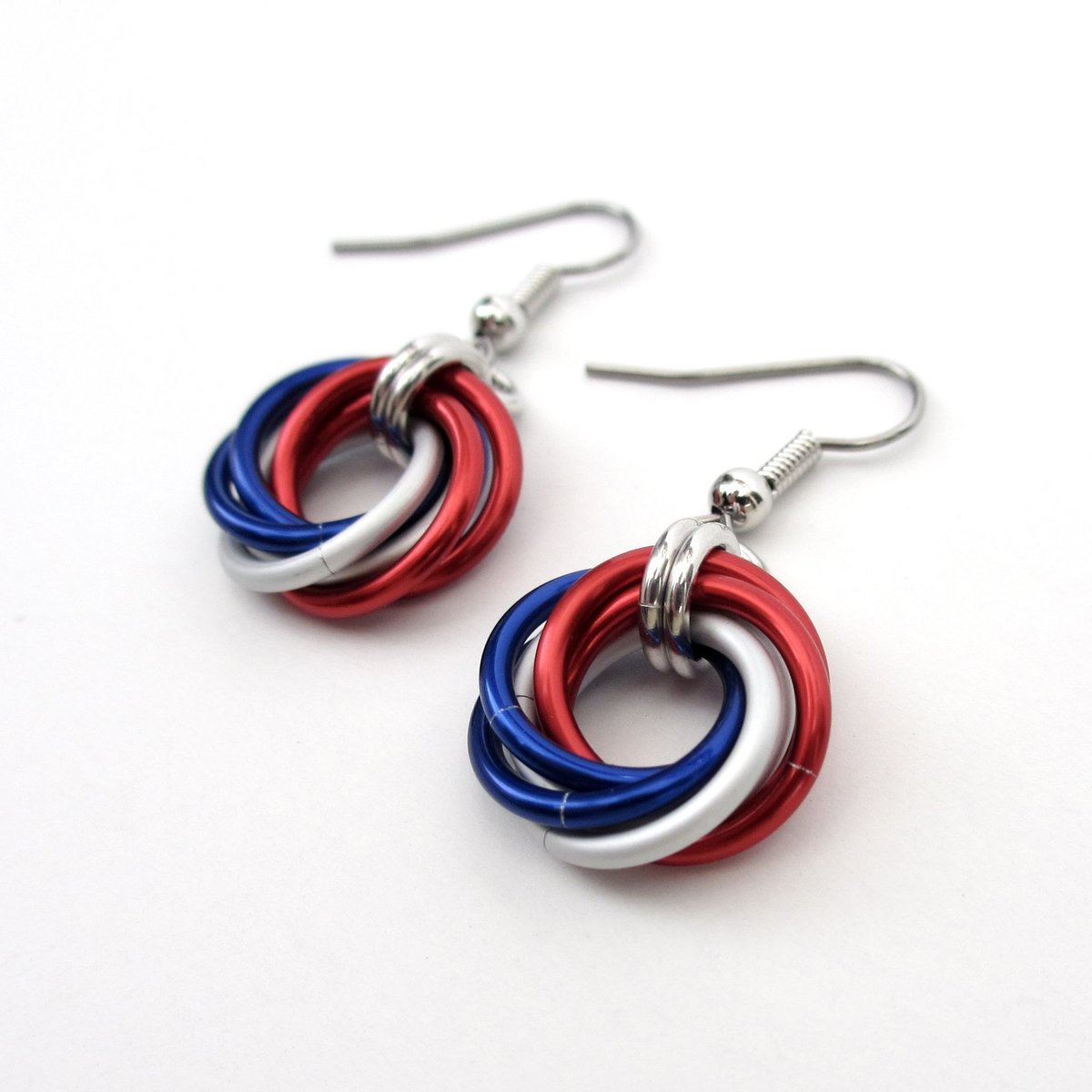Red, white and blue chainmail Love Knot earrings, American patriotic jewelry