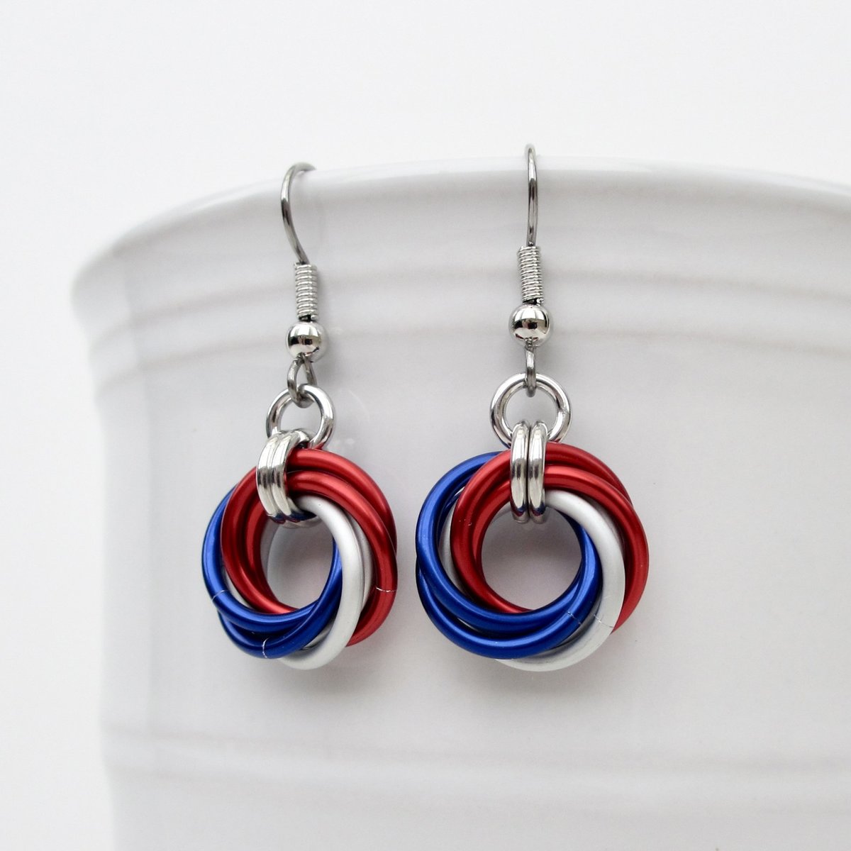Red, white and blue chainmail Love Knot earrings, American patriotic jewelry